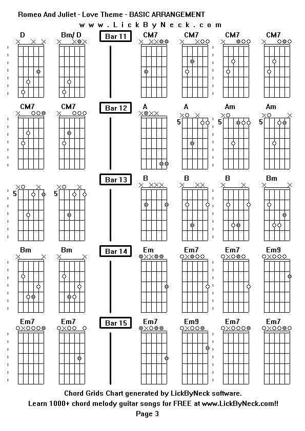 Chord Grids Chart of chord melody fingerstyle guitar song-Romeo And Juliet - Love Theme - BASIC ARRANGEMENT,generated by LickByNeck software.